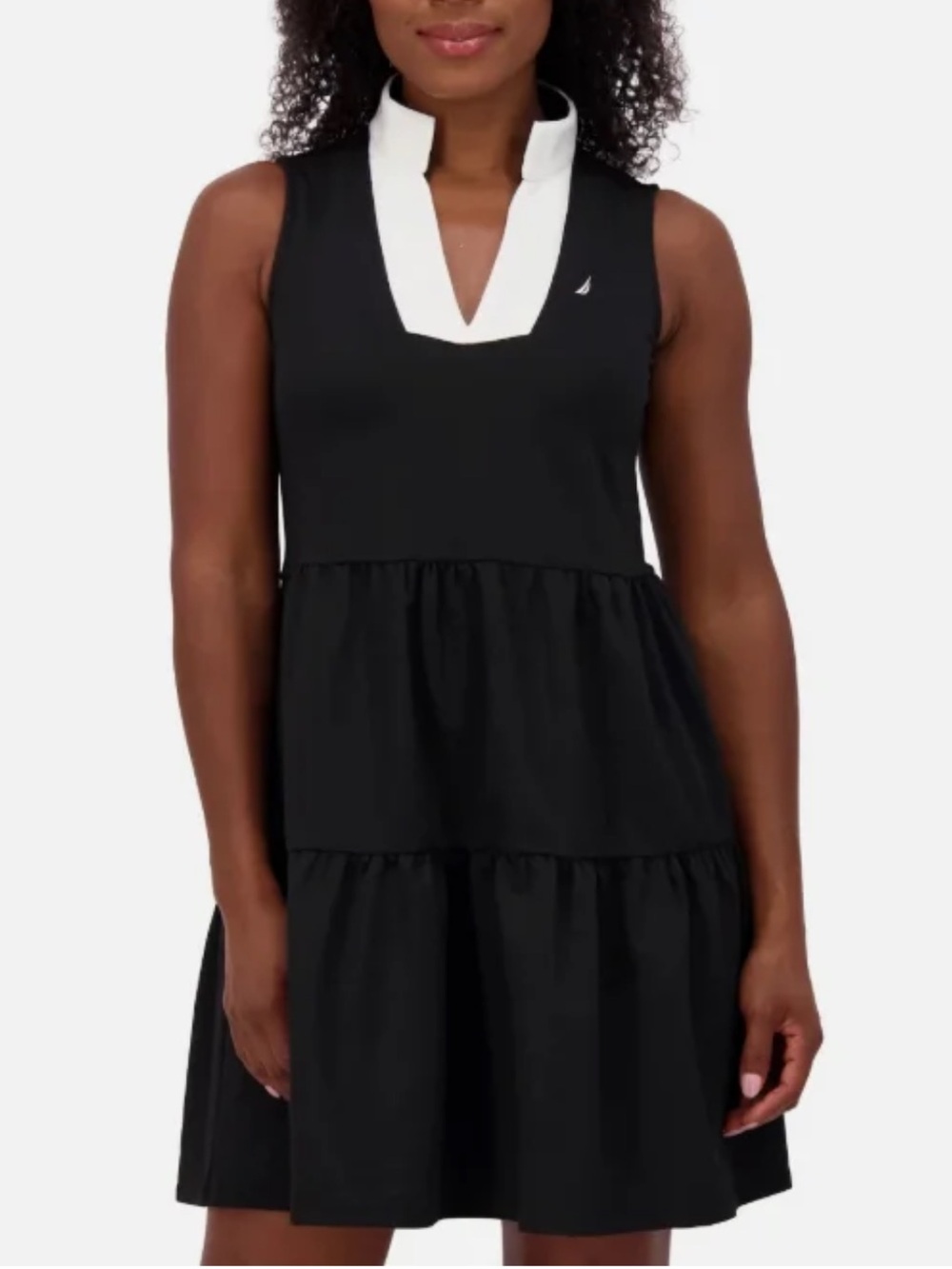 Nautica Black Sleeveless Tiered Dress with White Notch V-Neck